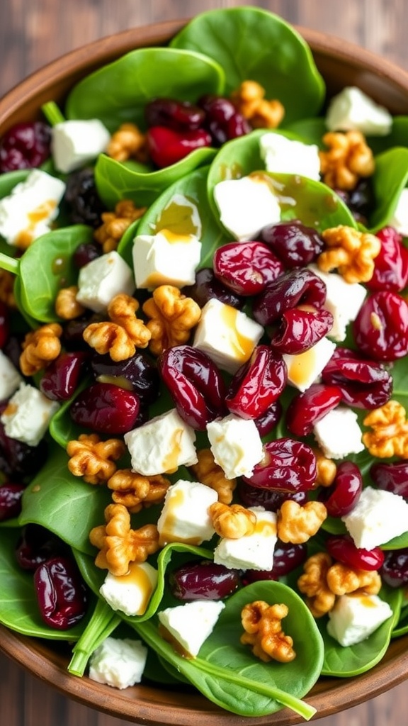 A fresh spinach salad with goat cheese, cranberries, and walnuts in a rustic bowl.